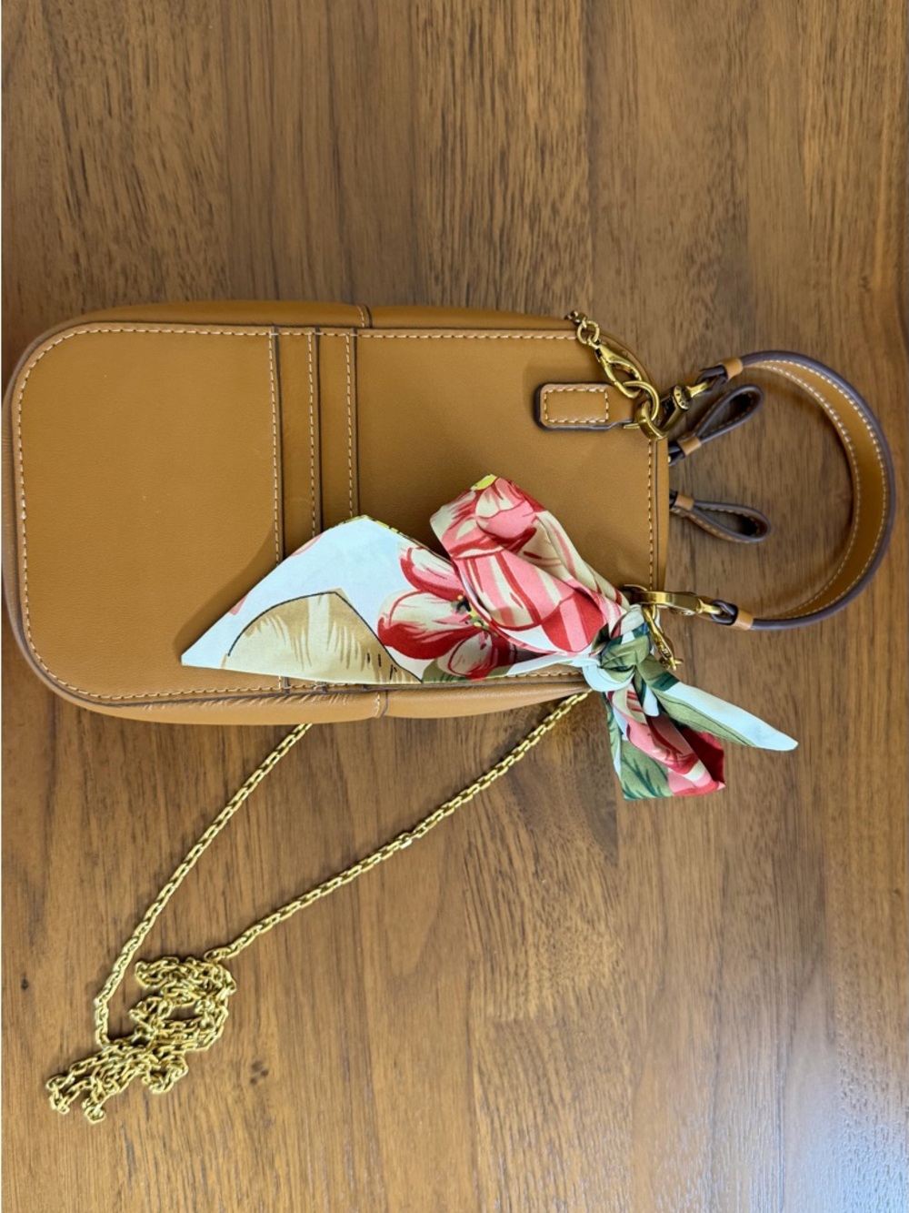 Tan Leather Crossbody Bag with Floral Scarf Accent